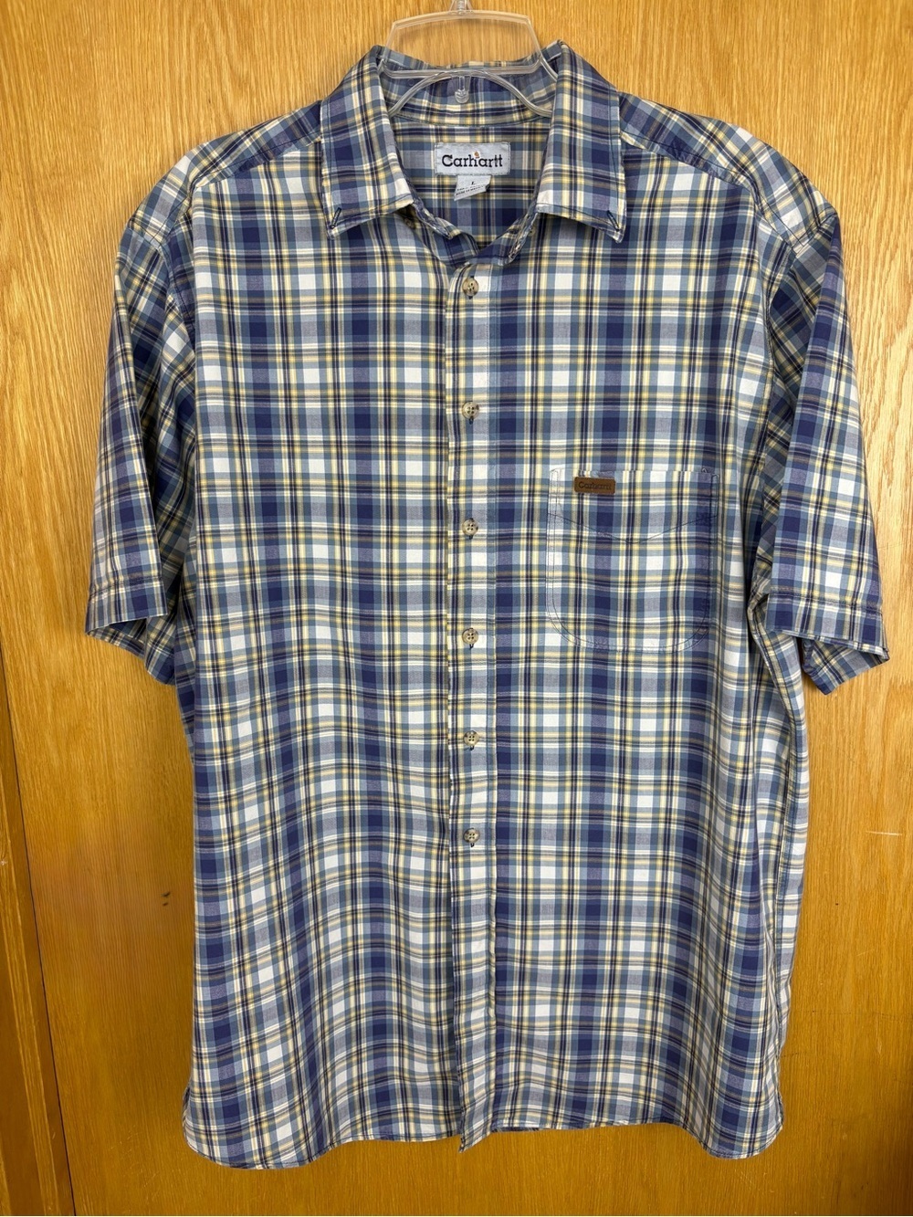 Carhart Blue Plaid Button-Down Short Sleeve Shirt.
